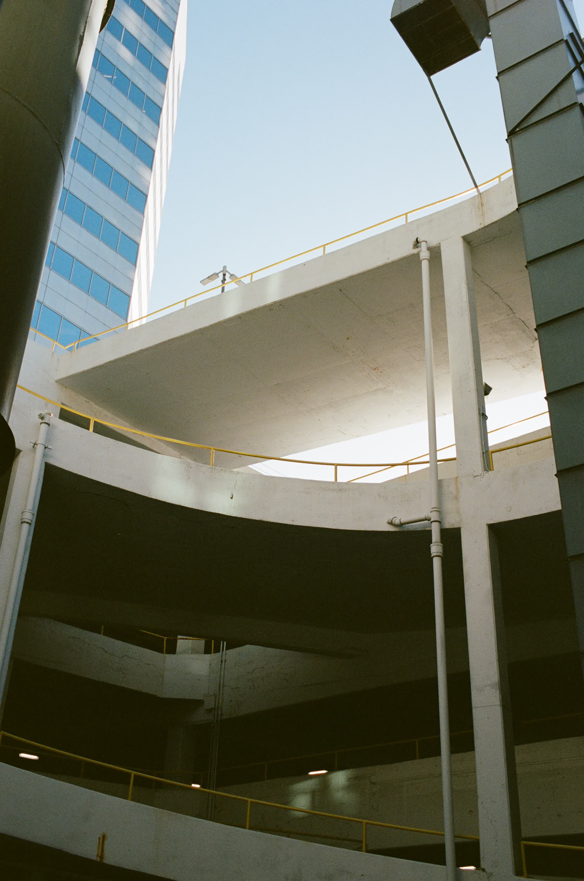 Looking up through the concrete parking structure at 921 Marquette